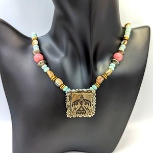Vintage Shube Dakota West 925 Silver Bronze Thunderbird Multi Gemstone Necklace